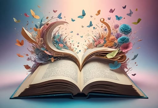AI generated of an open book with butterflies flying out of it