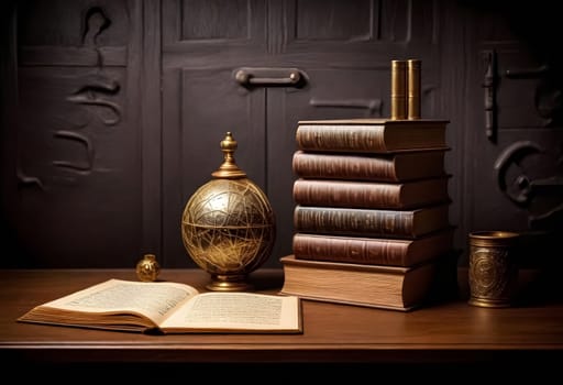 AI generated of an open book, a vase and a vase on a table