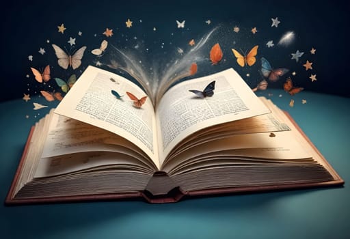 AI generated of an open book with butterflies flying out of it