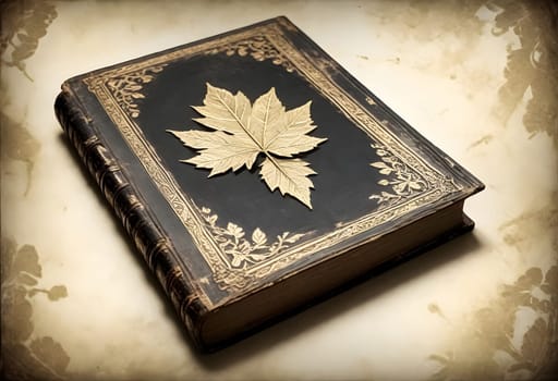 AI generated of an old book with maple leaves on the cover