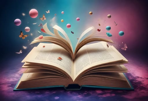 AI generated of an open book with colorful bubbles flying out of it