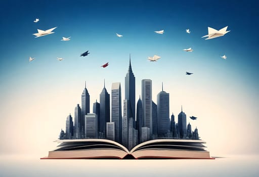 AI generated of open book with city and paper airplanes flying over it