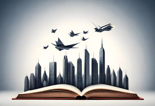AI generated of open book with city and birds flying over it
