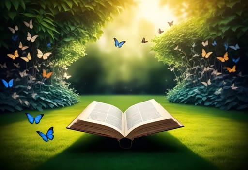 Ai generated of open book with butterflies flying over it in the green garden