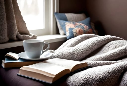 AI generated of coffee and books on a bed in front of a window