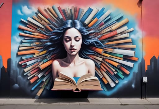 AI generated of a woman reading a book on a wall with books stacked on it