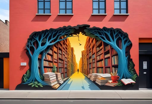 AI generated of a mural of a book store on a building