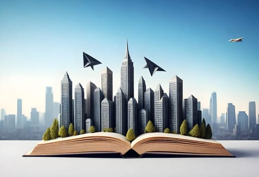 AI generated of open book with cityscape and paper planes on it