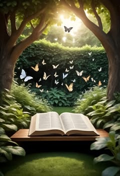 Ai generated of open book in the forest with butterflies flying around it