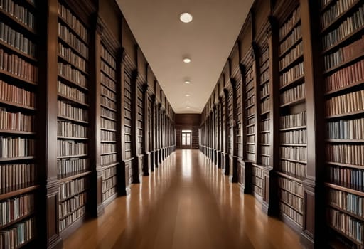 AI generated of a library with a row of books on the floor and a door in the middle