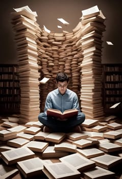 AI generated of a man sits in front of a stack of books in library