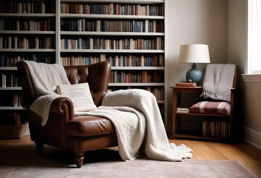 AI generated of a living room with a couch and a bookcase with books on the shelves