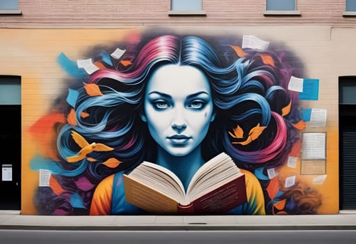 AI generated of a mural of a woman with a blue and pink hair reading a book on a wall