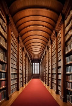 AI generated of a long hallway with bookshelves and red carpet