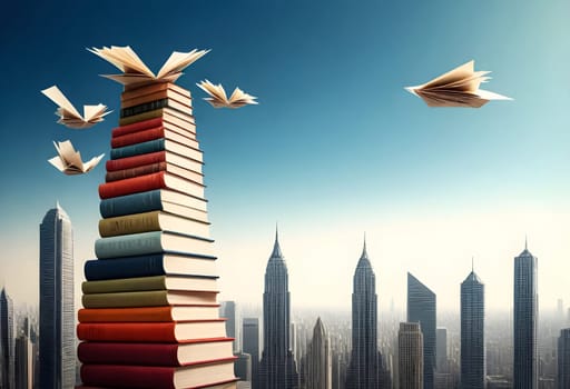 AI generated of a stack of books with paper birds flying over them