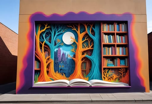 AI generated of a colorful book is displayed on a building