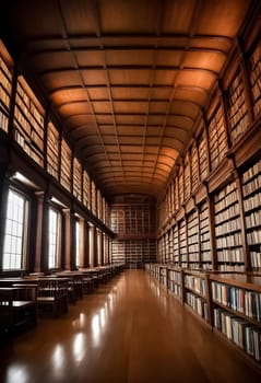 AI generated of a long, empty library with many books on shelves