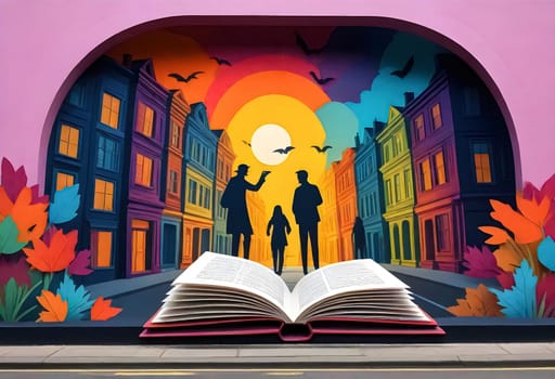 AI generated of a book is open in front of a colorful mural