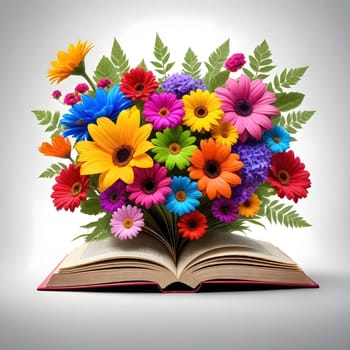 AI generated of an open book with colorful flowers on it