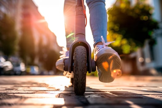 A young girl is riding an electric scooter in the city. Low angle front view. Ai generated