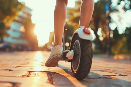A young girl is riding an electric scooter in the city, a close-up  of a foot in sneakers standing on a scooter. Ai generated