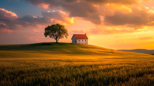 Rolling hills, solitary house and green field on warm sunset . Ai generated