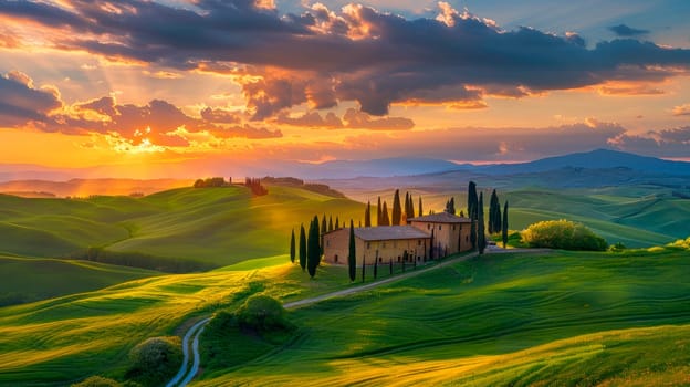 Picturesque landscape with a solitary house standing tall amidst a lush green landscape at evening. Ai generated
