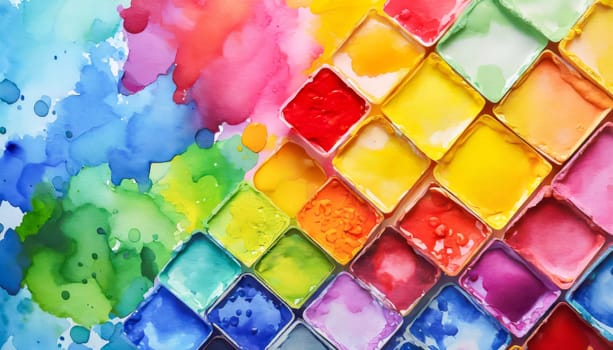 Painting supplies for watercolor painting, various colors and paper.