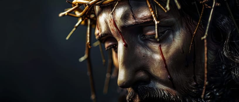 A detailed image of a man with a crown of thorns, the play of light and shadow highlighting his emotional pain and resilience