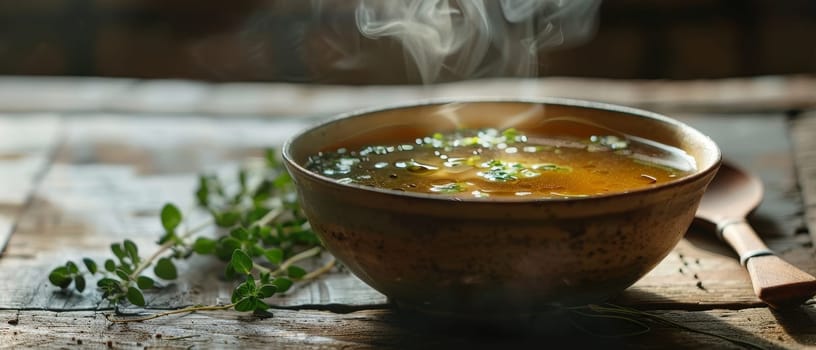 The golden hour light enhances the steam rising from a bowl of soup, surrounded by scattered herbs