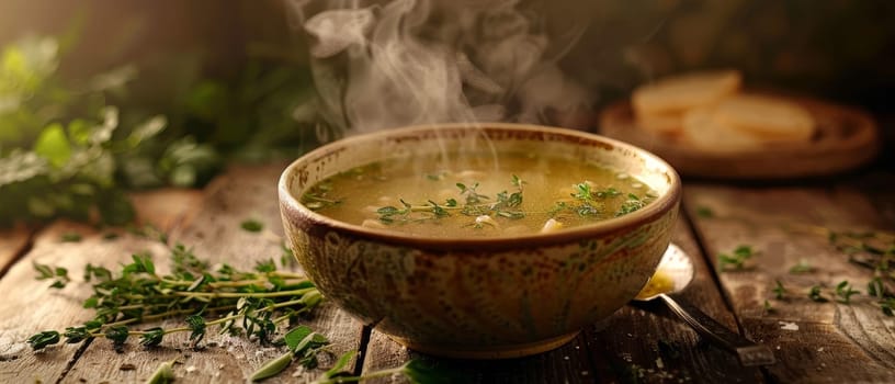 The golden hour light enhances the steam rising from a bowl of soup, surrounded by scattered herbs