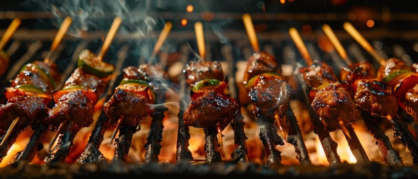 Barbecue skewers being cooked over a grill at sunset, capturing the essence of outdoor dining and flavor
