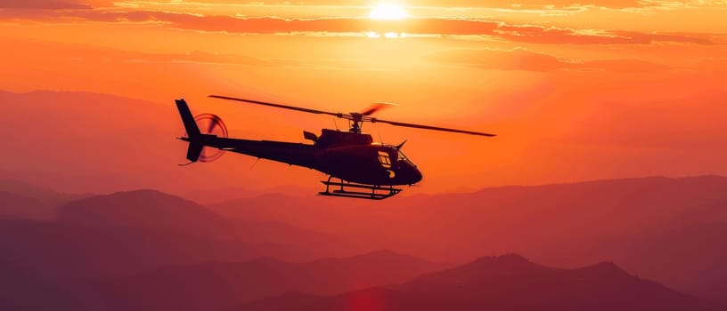 A helicopter in flight is silhouetted against a breathtaking sunset, showcasing the beauty of aviation and nature's backdrop