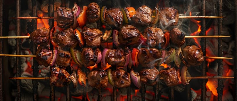 Barbecue skewers being cooked over a grill at sunset, capturing the essence of outdoor dining and flavor