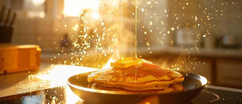 A mesmerizing swirl of golden syrup drizzles artfully over freshly made pancakes, creating a mouthwatering culinary display