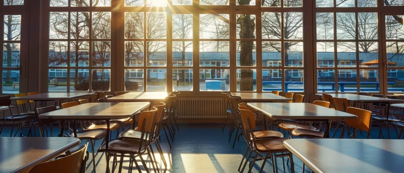 A serene view from inside a school, with large windows overlooking bare trees in warm autumn light, casting soft rays into the empty cafeteria space