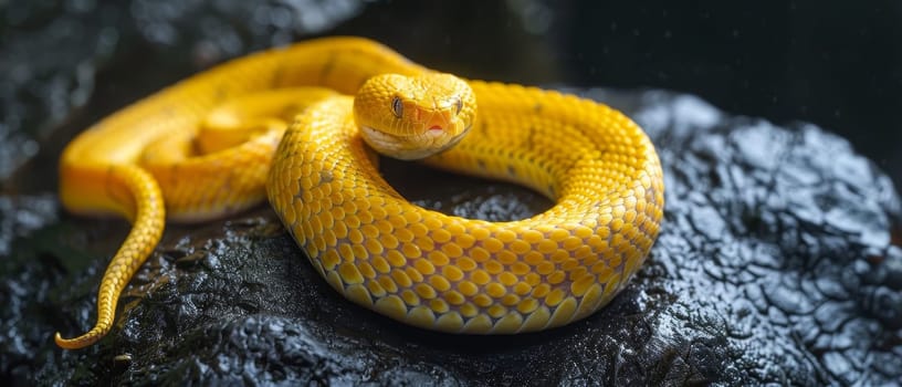 A serpentine beauty captures the viewer with its piercing gaze, its sinuous body coiling amidst atmospheric shadows that accentuate its striking yellow scales