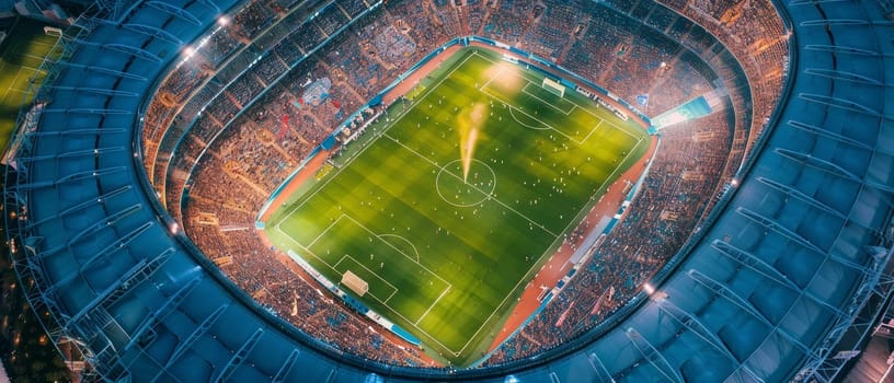 A kaleidoscopic aerial view of a stadium, with rows of colorful seats surrounding the brilliant green playing field below