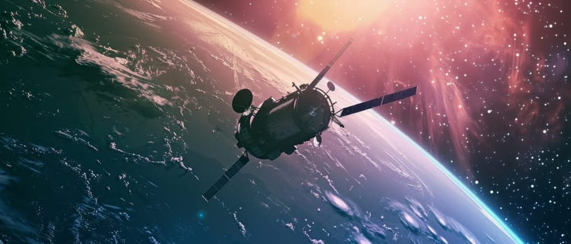 An awe-inspiring view of a satellite soaring through vibrant auroras, celestial lights shimmering across the Earth's atmosphere in a dazzling cosmic dance