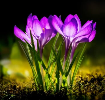 Macro of purple crocus flowers in the garden