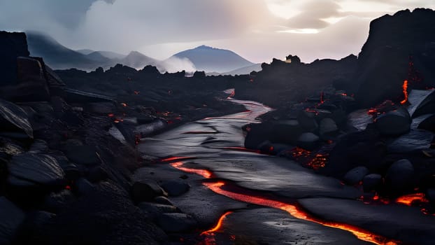 volcano with eruption and magma flow
