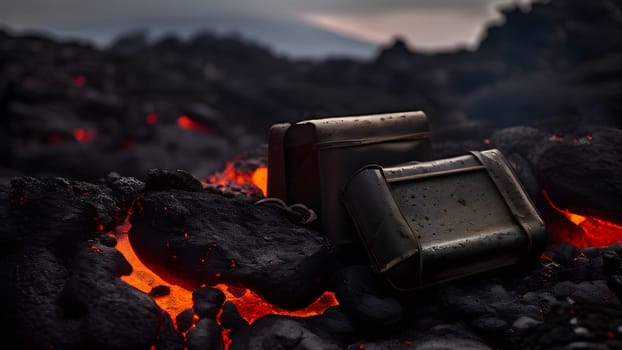 volcano with eruption and magma flow destroying personal belongings