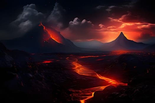 volcano with eruption and magma flow