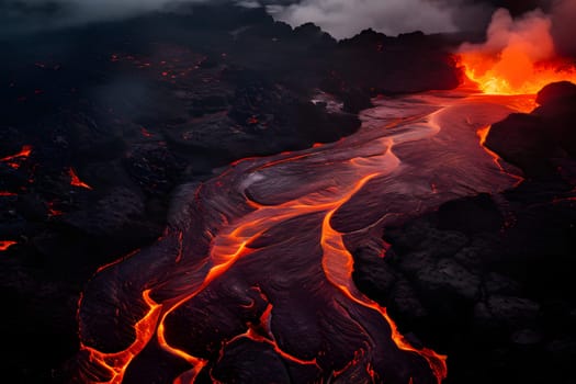 volcano with eruption and magma flow