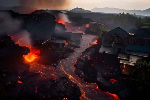 volcano with eruption and magma flow