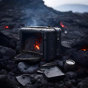 volcano with eruption and magma flow destroying personal belongings