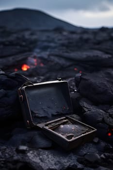 volcano with eruption and magma flow destroying personal belongings