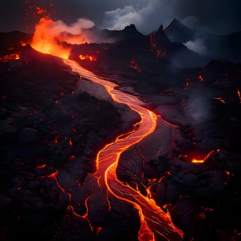 volcano with eruption and magma flow