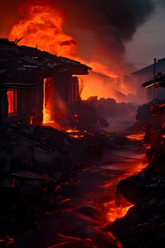 volcano with eruption and magma flow