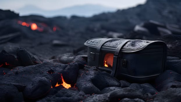 volcano with eruption and magma flow destroying personal belongings